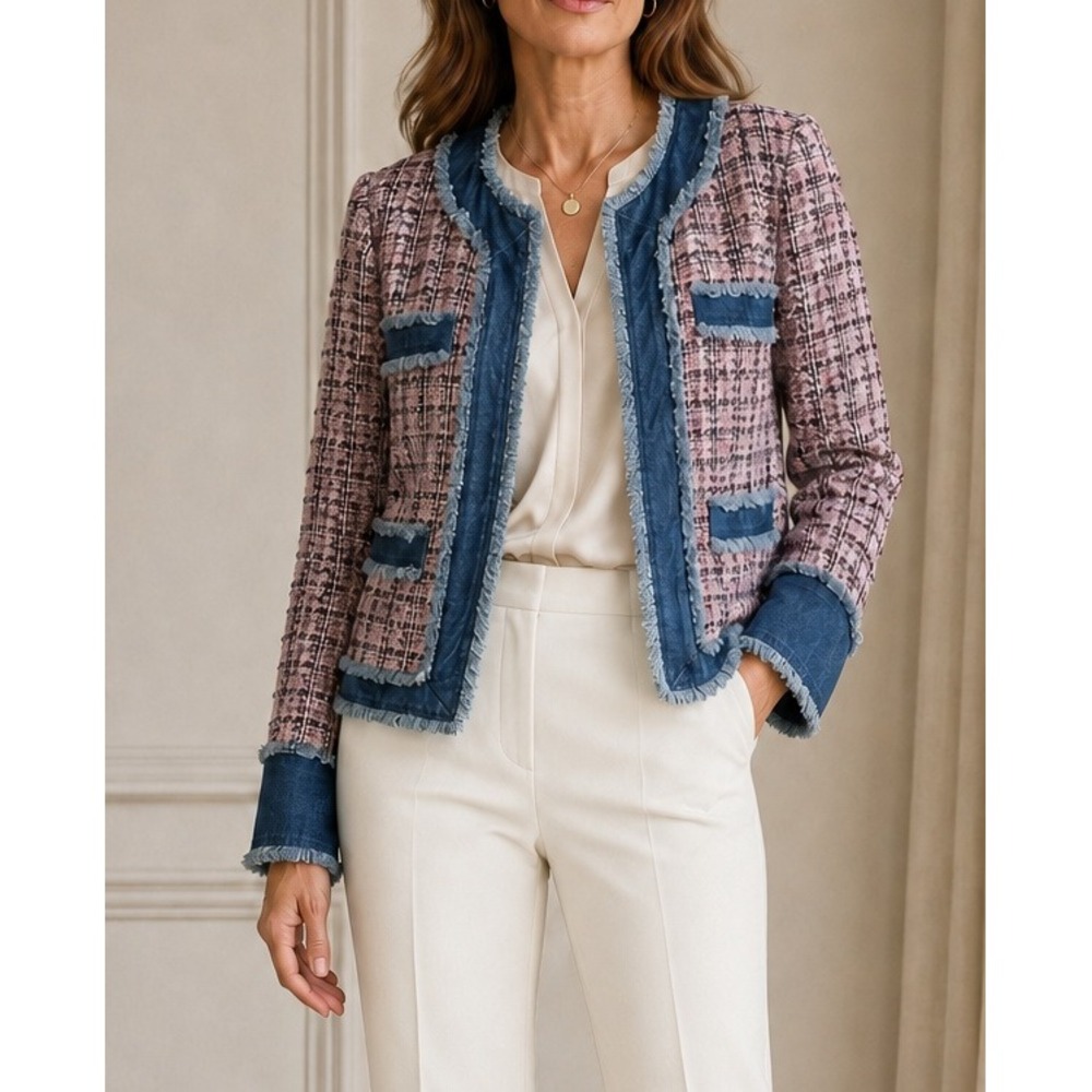 Nanette Lepore Womens L Pink Tweed Denim Trim Fringe Cropped Jacket Work Office